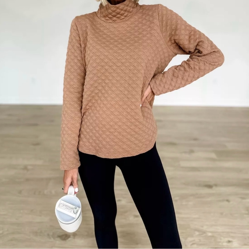 EUC J.Crew Quilted Mockneck Pullover Small Camel Tan Textured Cozy Sweater - Picture 4 of 13
